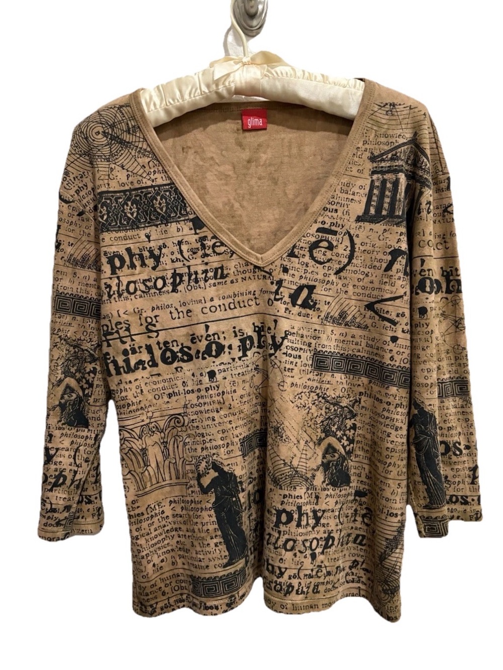 Vintage Glima Y2K Philosophy Graphic Top V-Neck 3/4 Sleeve Renaissance Print, Lg